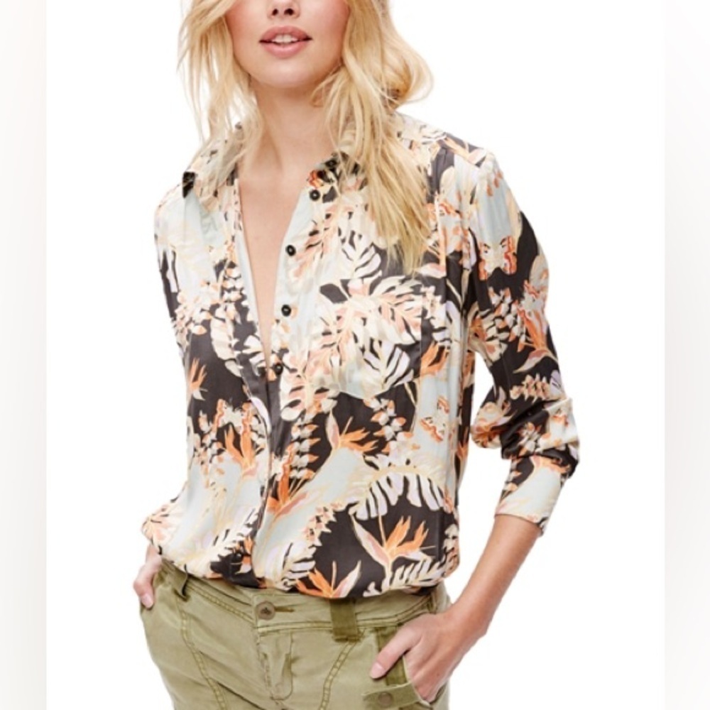 Free People - Under The Palms Black Multicolored Button Down Blouse Shirt Small